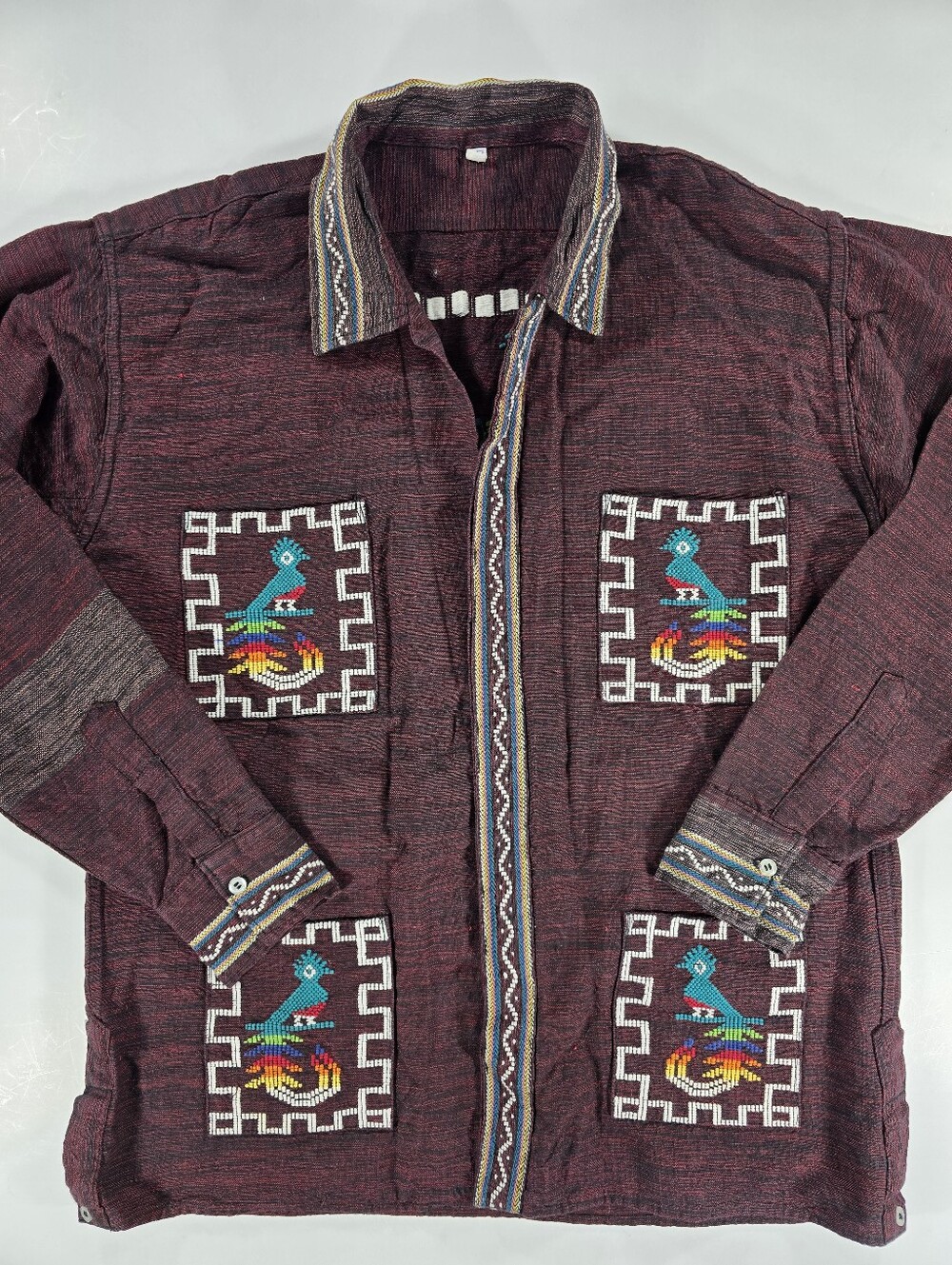 70s Guatemalan Handwoven Mayan Shirt Embroidered Quetzal Bird 60s Brown Large 17